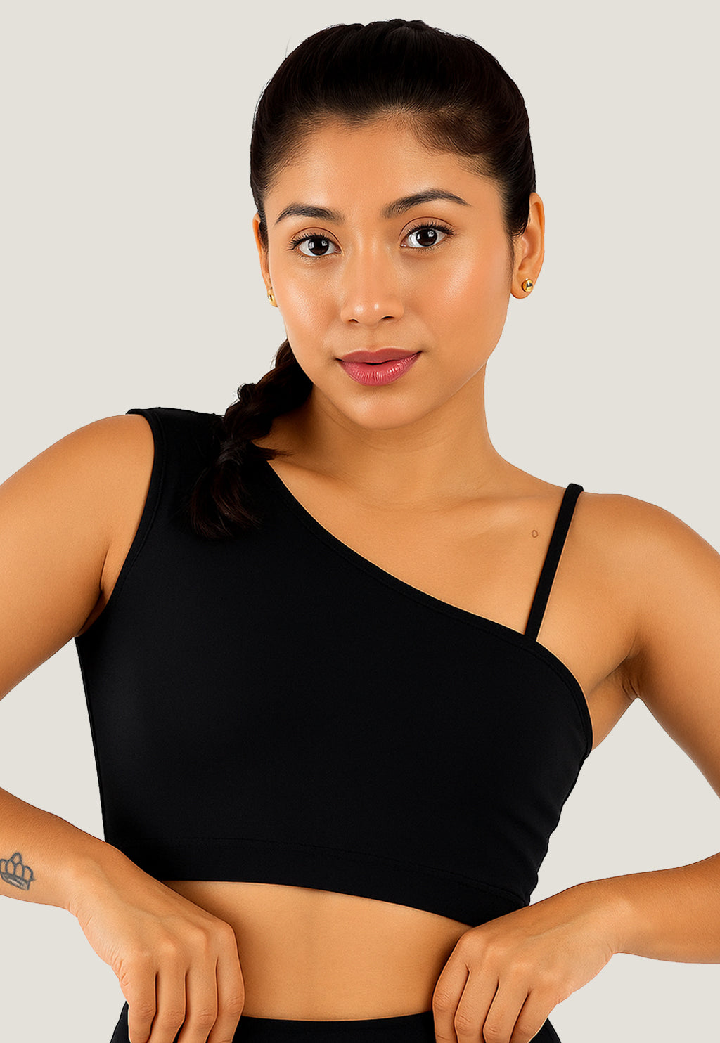 Cropped Fitness Ombro Único com Alcinha Preto