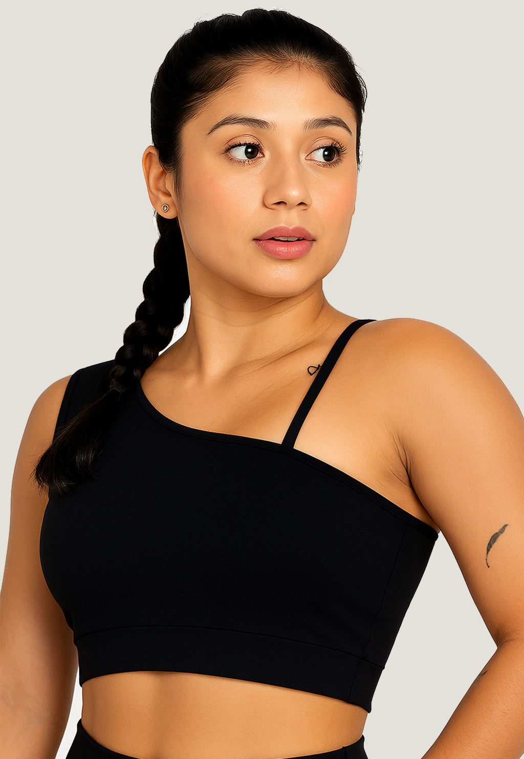 Cropped Fitness Ombro Único com Alcinha Preto